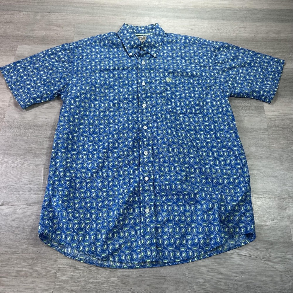 Cinch Shirt Mens Medium Blue Paisley Short Sleeve Button Up Cotton Western